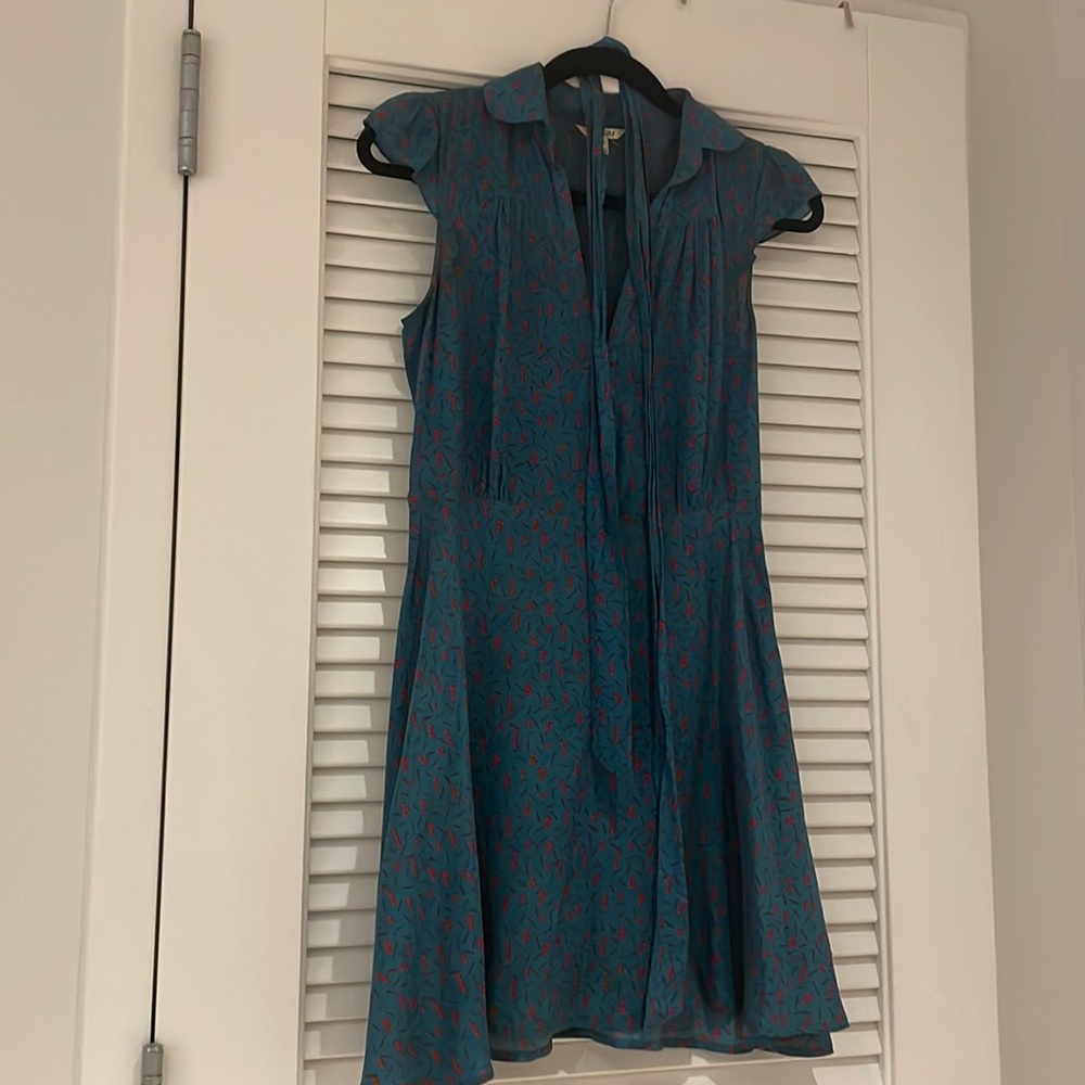 Silky blue dress with red and purple design, size small and adorable!